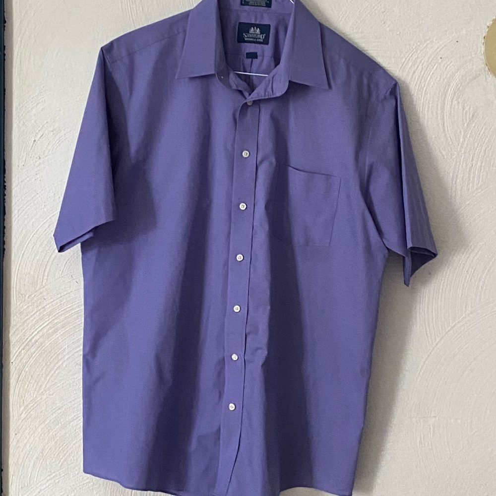 Stafford Shirt Men Size 17 Purple Short Sleeve Wrinkle Free Cotton Blend